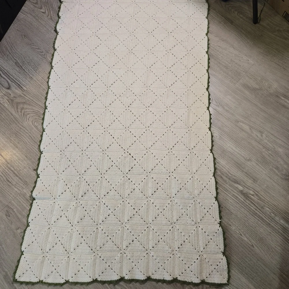 Vintage Cottagecore Granny Crochet Blanket Throw 69x36 Cream W Green Handmade